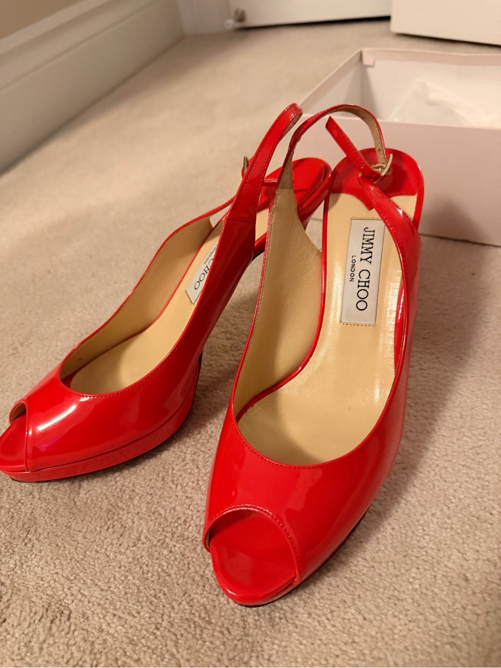 Jimmy Choo Red Patent Peep-Toe Slingback Pumps